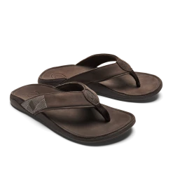 Olukai Tuahine Men's Leather Beach Sandals Dark Wood